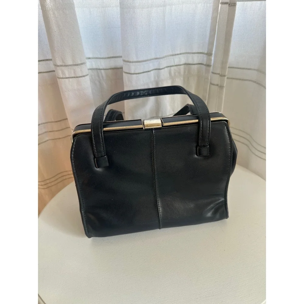 Vintage Black Faux Leather Frame Handbag Gold‎ Hardware Paisley Lining Satchel
